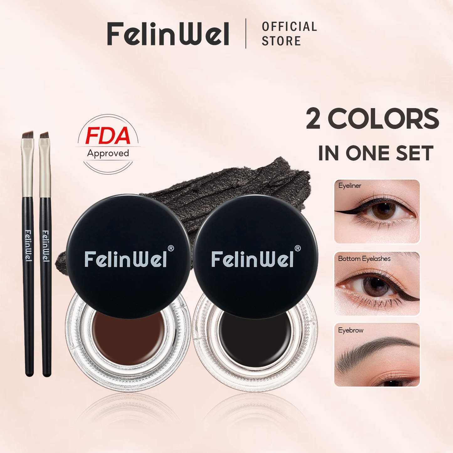 FelinWel Juego de delineador de ojos y cejas en gel de 2 colores con 2 pinceles impermeables a prueba de manchas