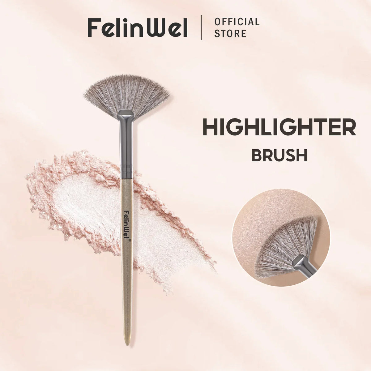 FelinWel Fan-shaped Highlighter Brush Soft Skin-friendly Vegan Bristles No Shedding