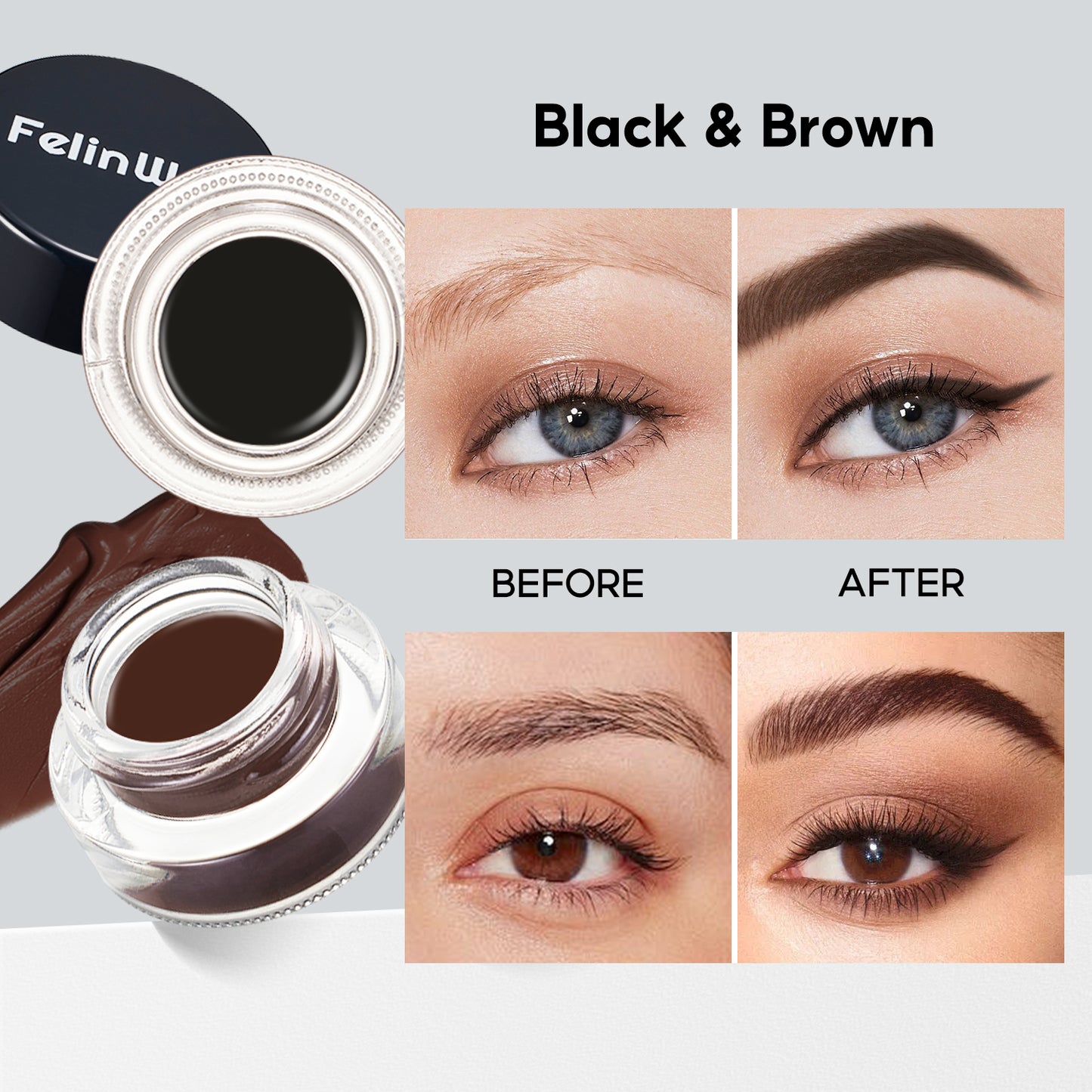 FelinWel Juego de delineador de ojos y cejas en gel de 2 colores con 2 pinceles impermeables a prueba de manchas