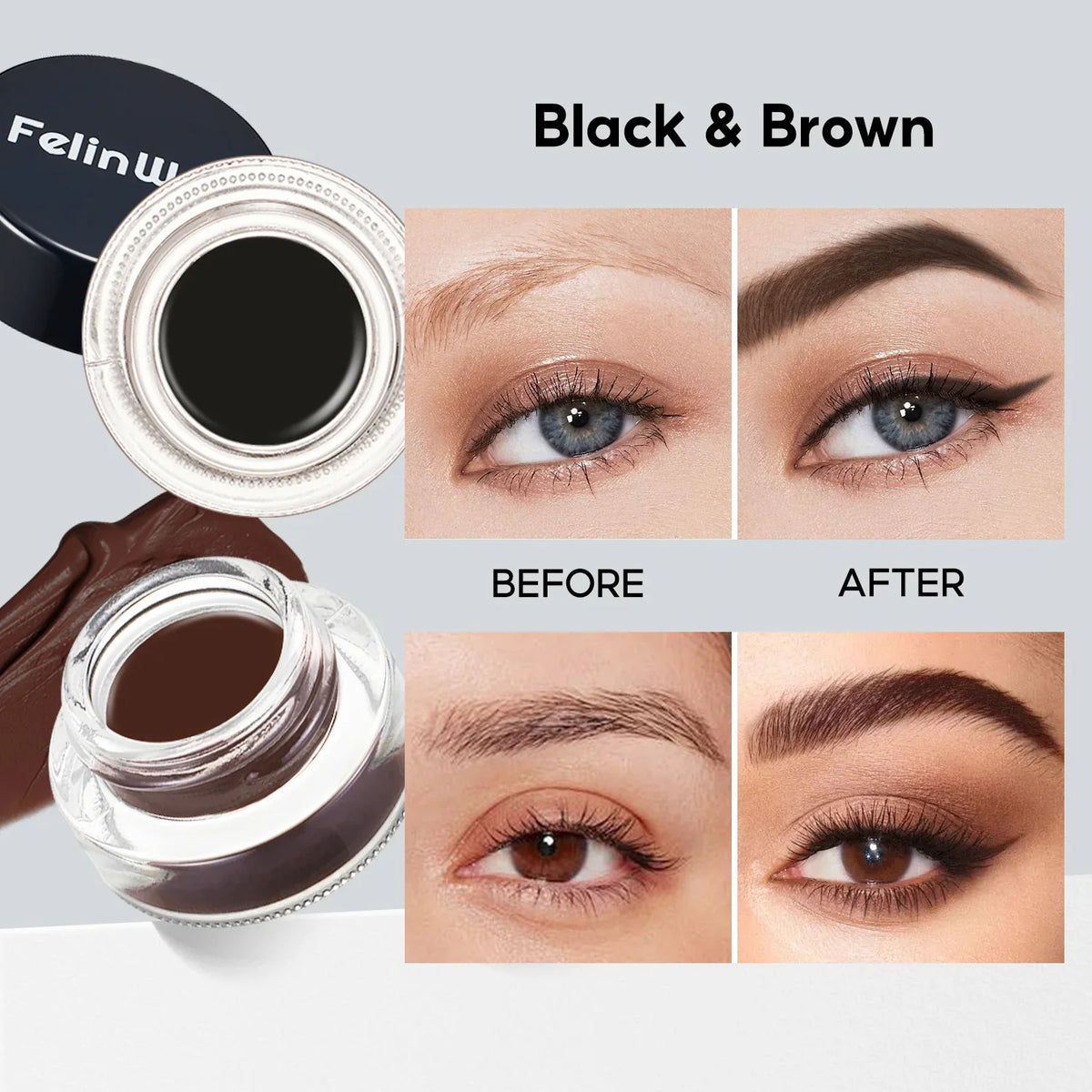 FelinWel Juego de delineador de ojos y cejas en gel de 2 colores con 2 pinceles impermeables a prueba de manchas
