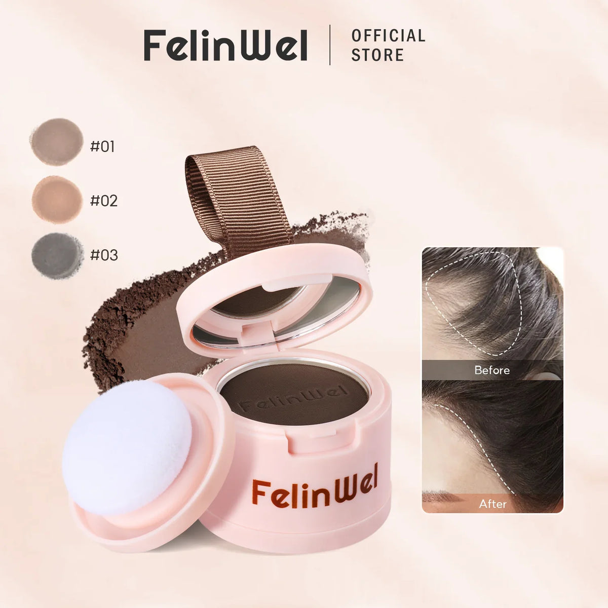 FelinWel Hairline Shadow Powder – Root Touch-Up, Mirror & Puff, 4 Shades