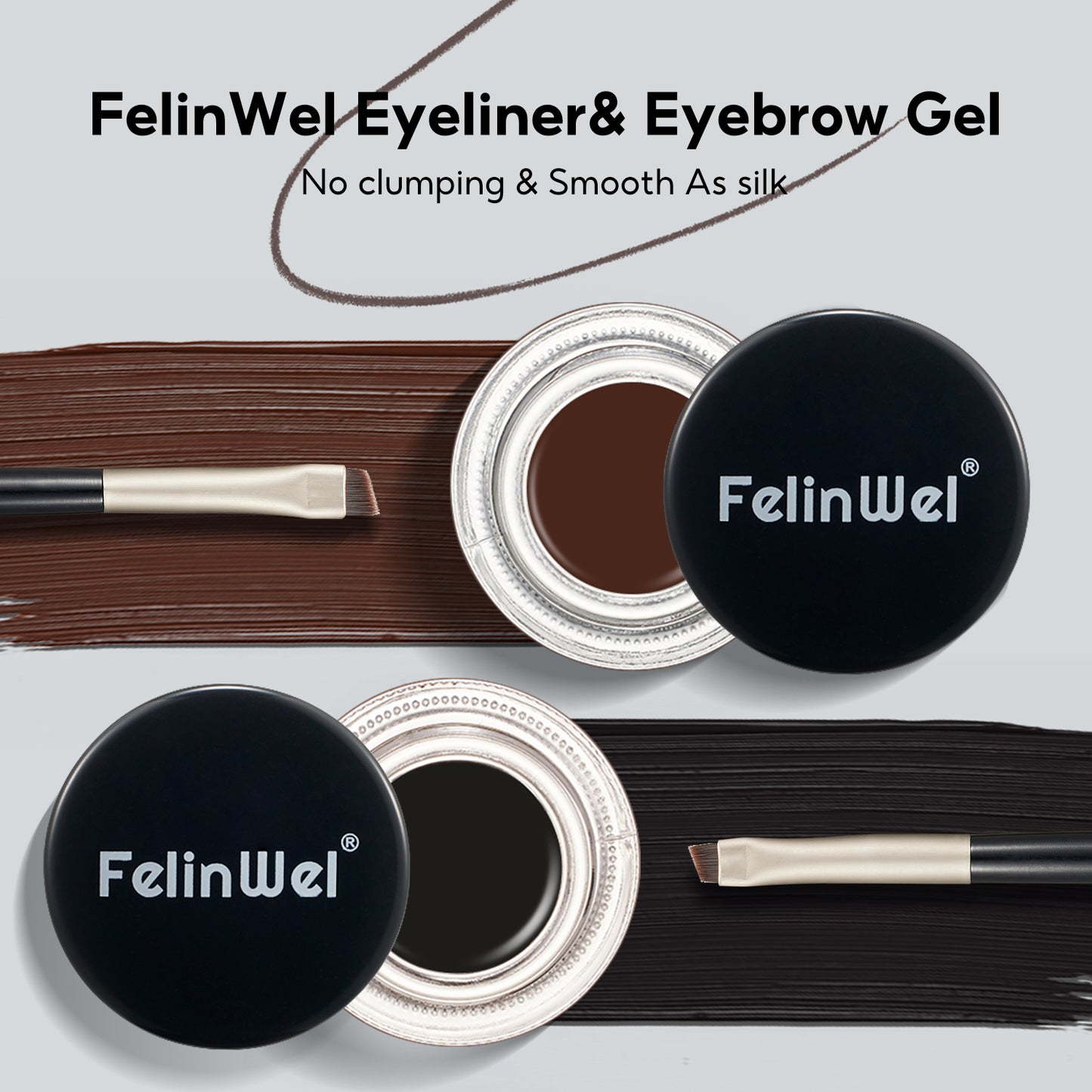 FelinWel Juego de delineador de ojos y cejas en gel de 2 colores con 2 pinceles impermeables a prueba de manchas