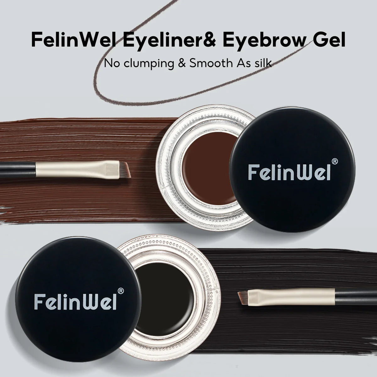 FelinWel Juego de delineador de ojos y cejas en gel de 2 colores con 2 pinceles impermeables a prueba de manchas