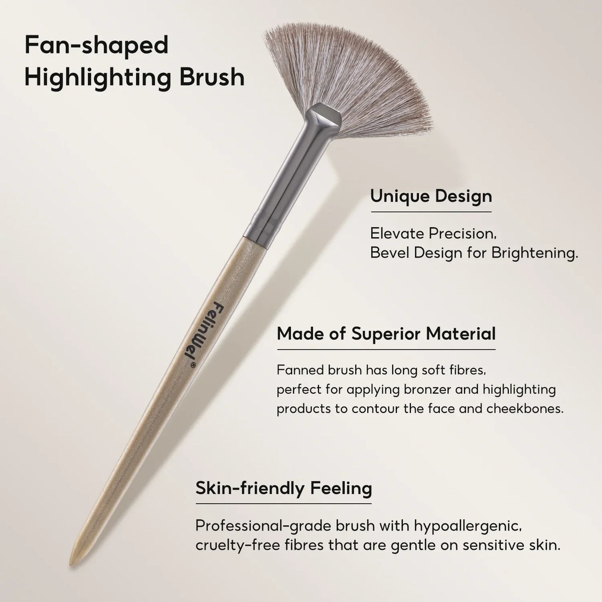 FelinWel Fan-shaped Highlighter Brush Soft Skin-friendly Vegan Bristles No Shedding