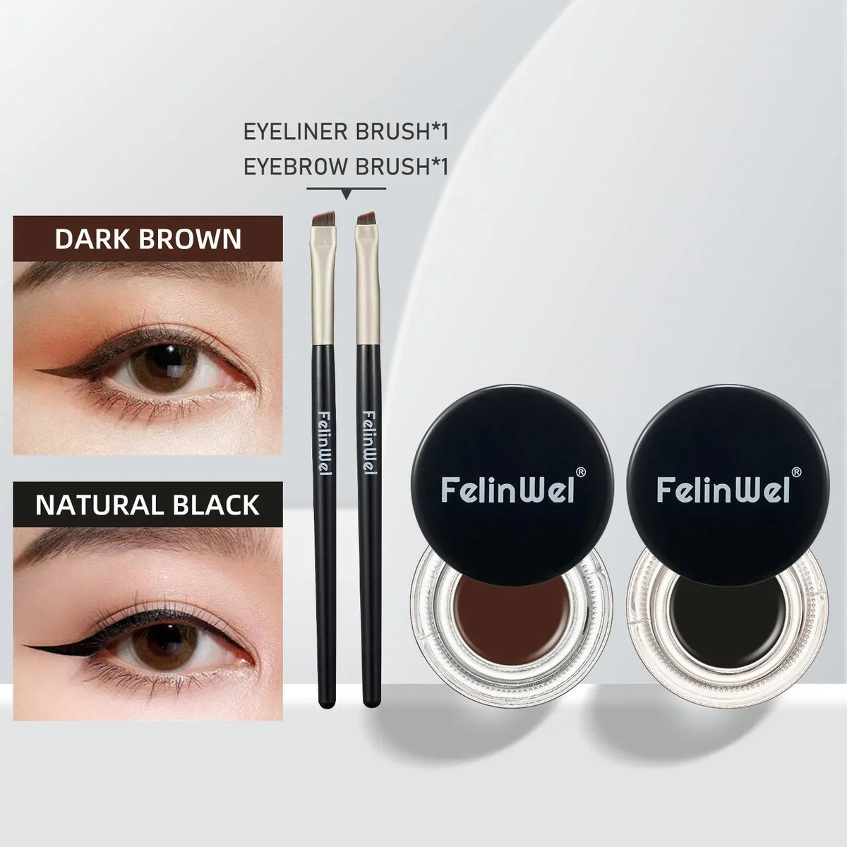 FelinWel Juego de delineador de ojos y cejas en gel de 2 colores con 2 pinceles impermeables a prueba de manchas