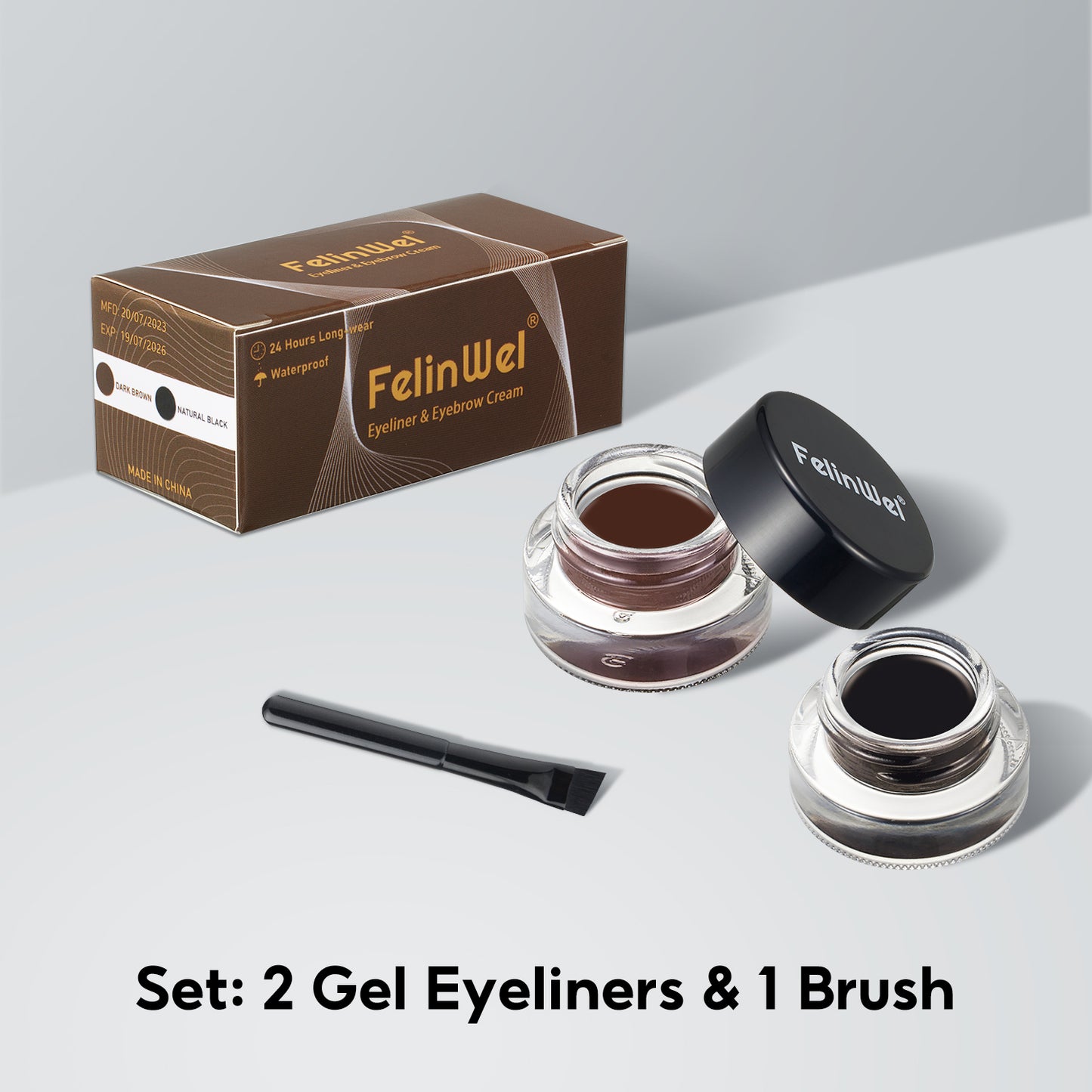 FelinWel Juego de delineador de ojos y cejas en gel de 2 colores con 2 pinceles impermeables a prueba de manchas
