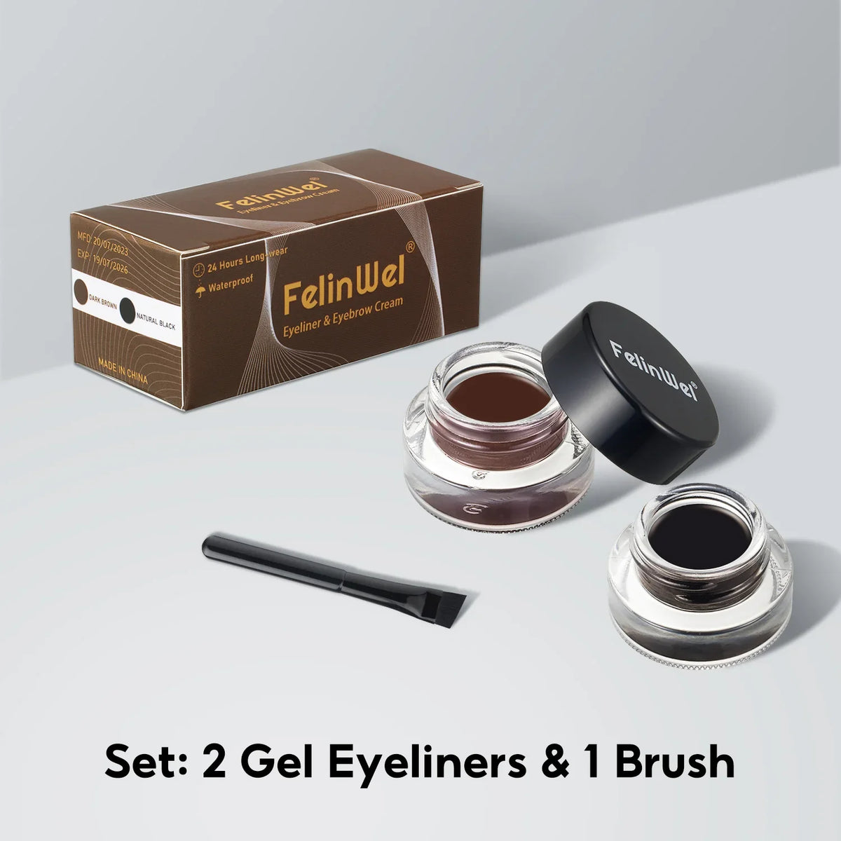 FelinWel Juego de delineador de ojos y cejas en gel de 2 colores con 2 pinceles impermeables a prueba de manchas