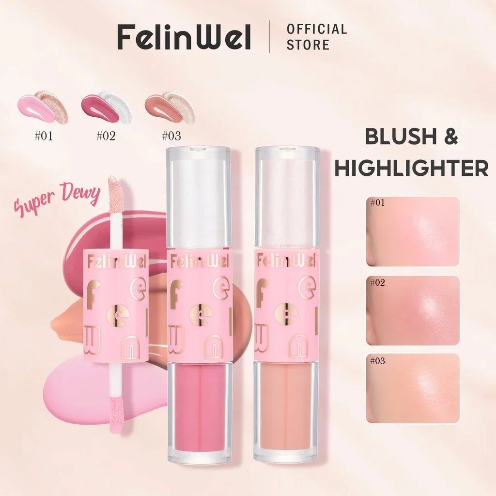 FelinWel Dual-Ended Blush & Highlighter Stick – Dewy Glow, 3 Shades