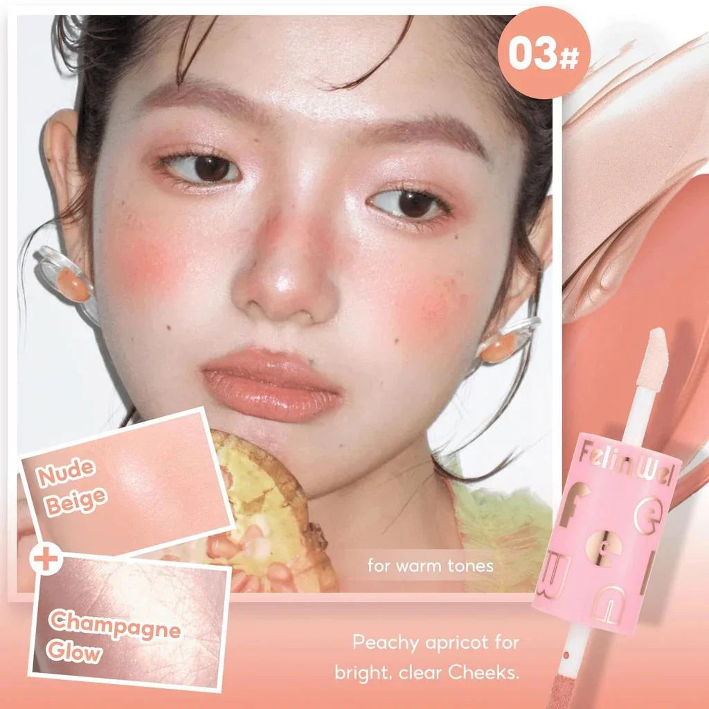 FelinWel Dual-Ended Blush & Highlighter Stick – Dewy Glow, 3 Shades