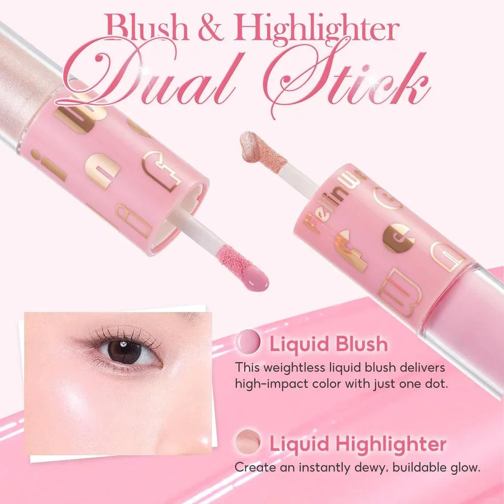 FelinWel Dual-Ended Blush & Highlighter Stick – Dewy Glow, 3 Shades