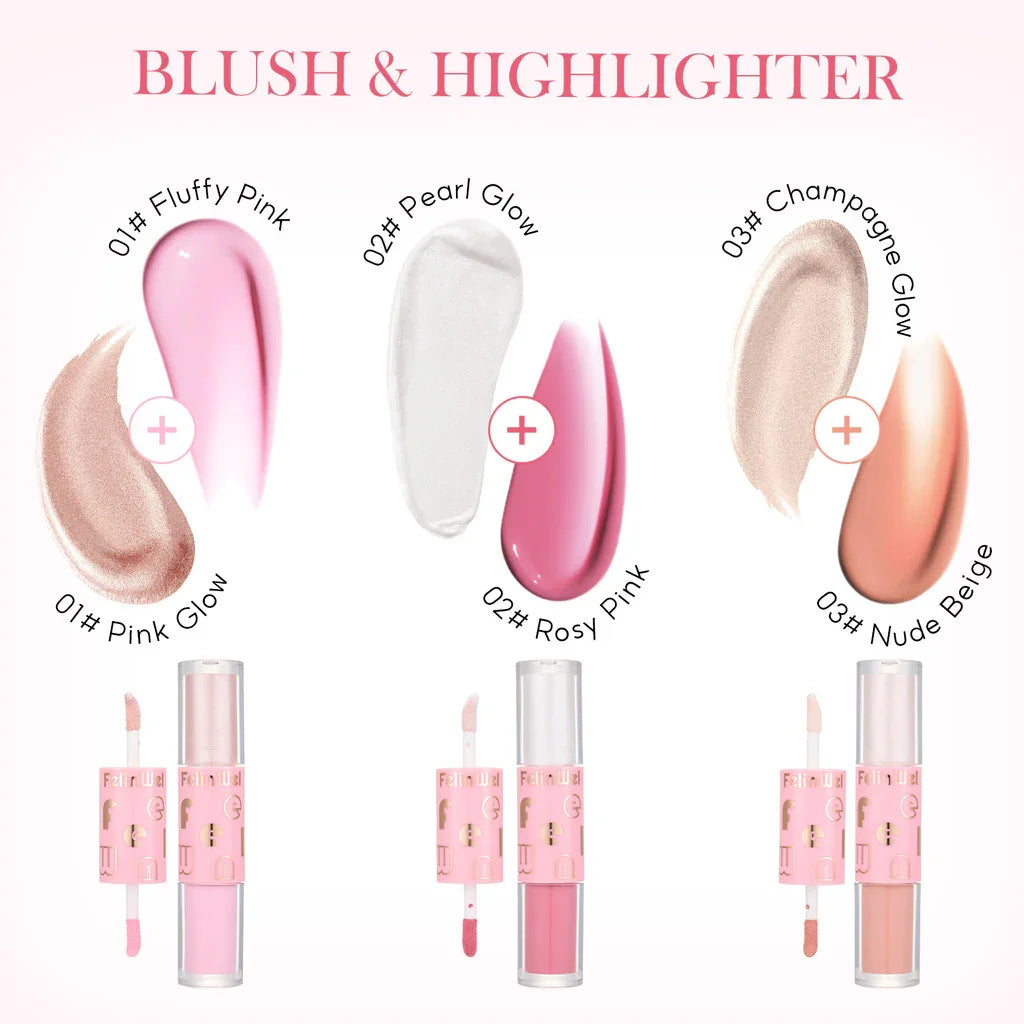 FelinWel Dual-Ended Blush & Highlighter Stick – Dewy Glow, 3 Shades
