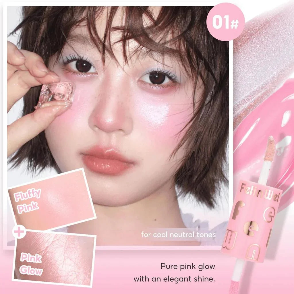 FelinWel Dual-Ended Blush & Highlighter Stick – Dewy Glow, 3 Shades