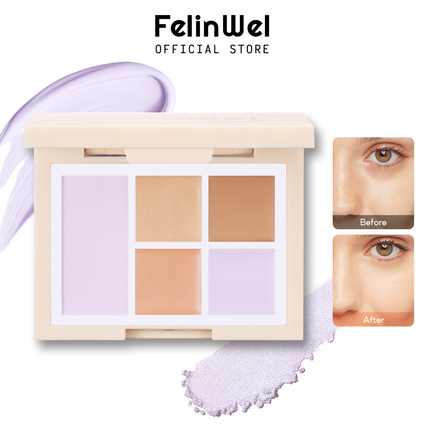 FelinWel Color Corrector Palette for Dark Circles, Redness & Blemishes, Creamy Concealer + Setting Powder with Hydrating Ingredients, 12H Crease-Proof Wear
