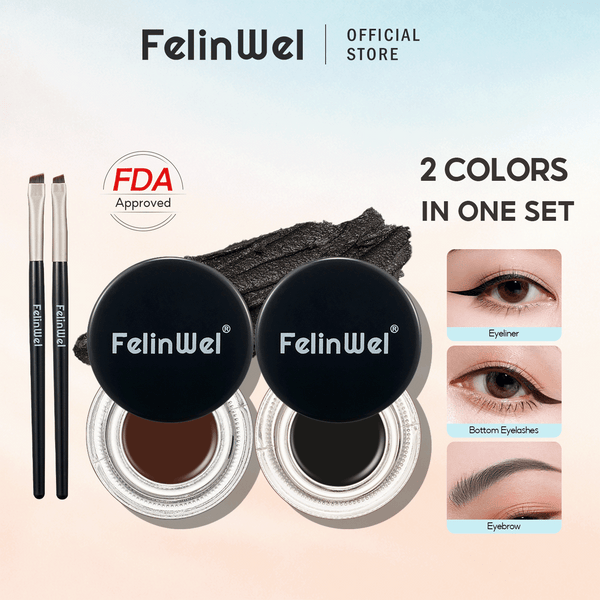 FelinWel Juego de delineador de ojos y cejas en gel de 2 colores con 2 pinceles impermeables a prueba de manchas 