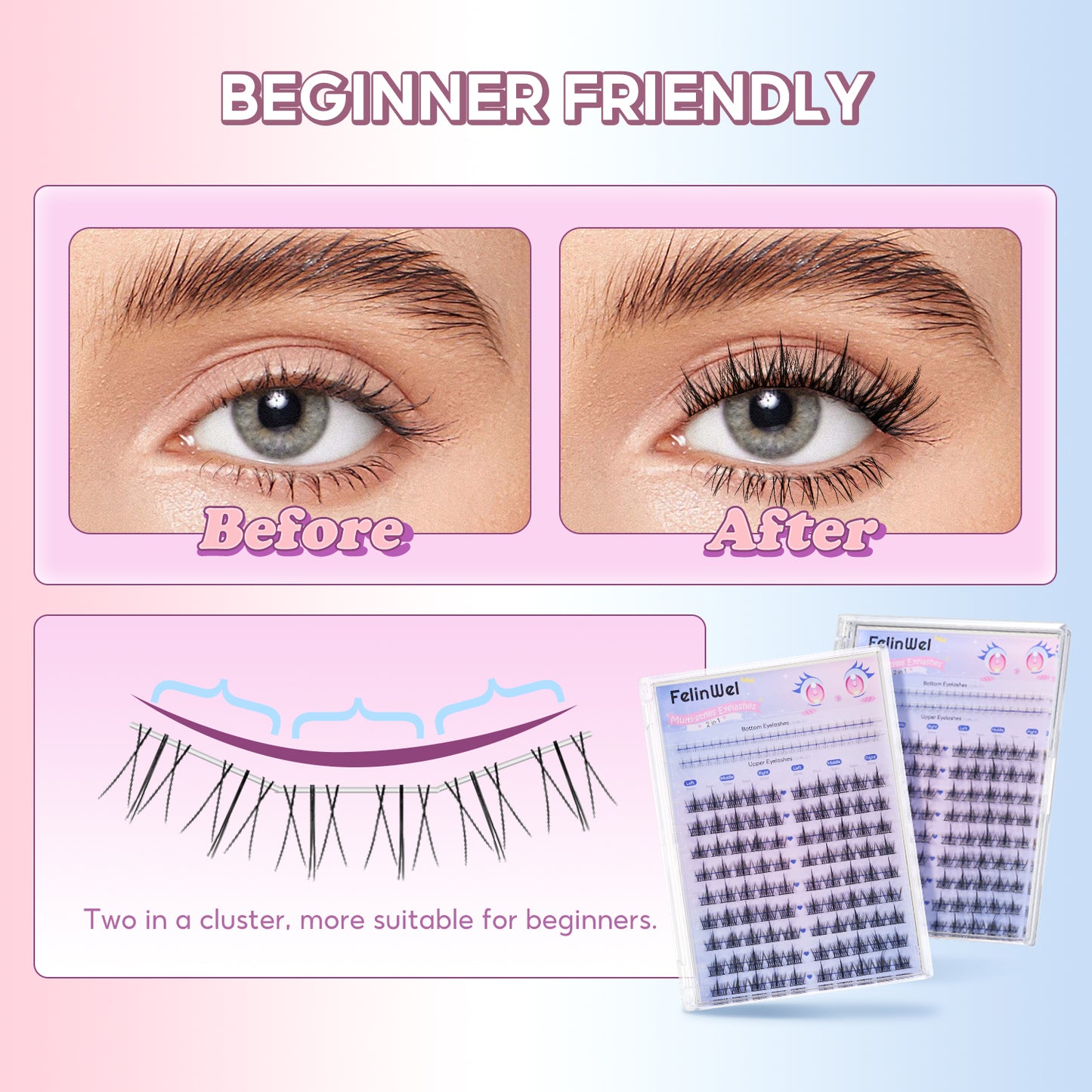 FelinWel 2 Styles Upper & Bottom Cluster Lashes Extensions Sunflower & Flame Style