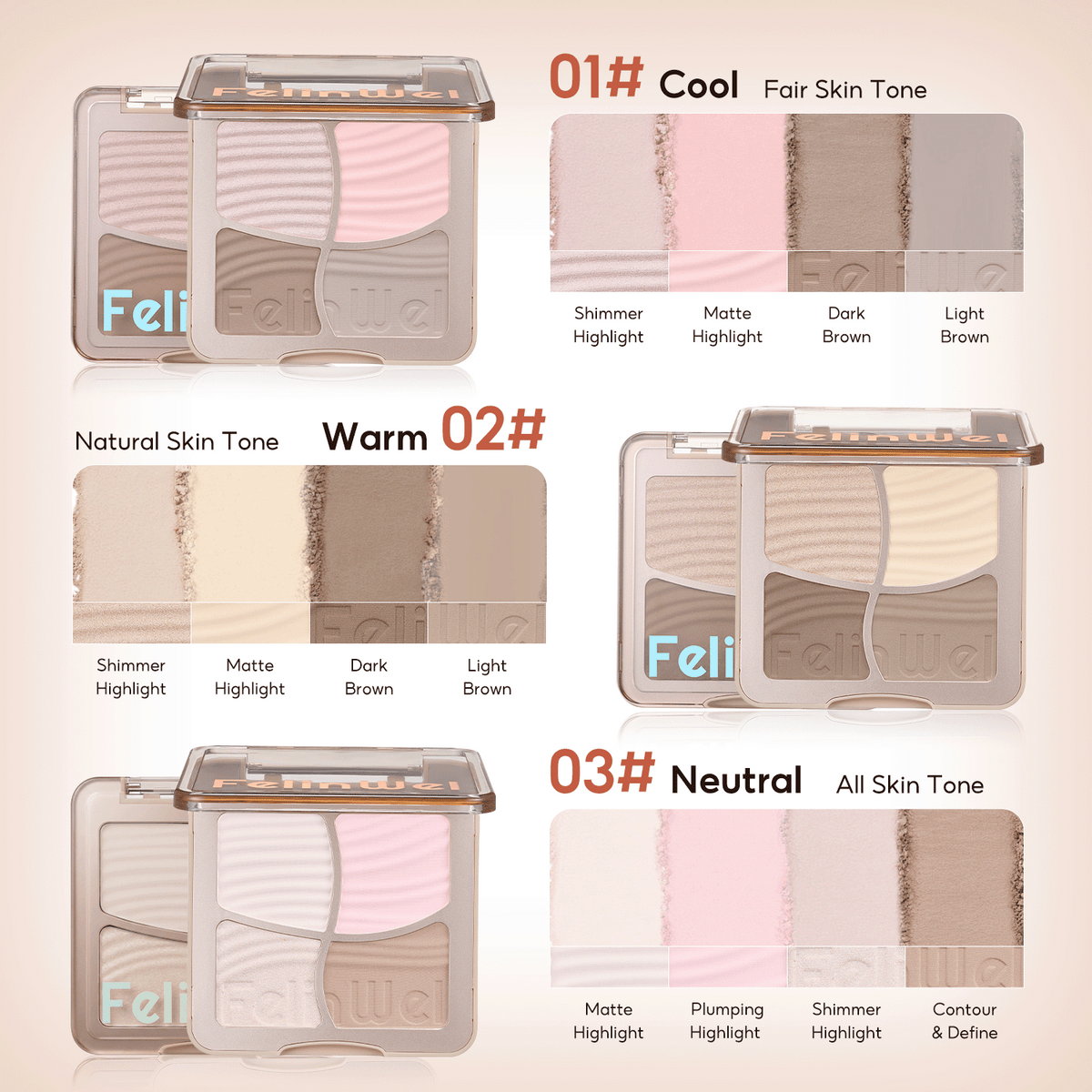 FelinWel 4 colores resaltador contorno paleta maquillaje 3D bronceador mate contorno polvo 