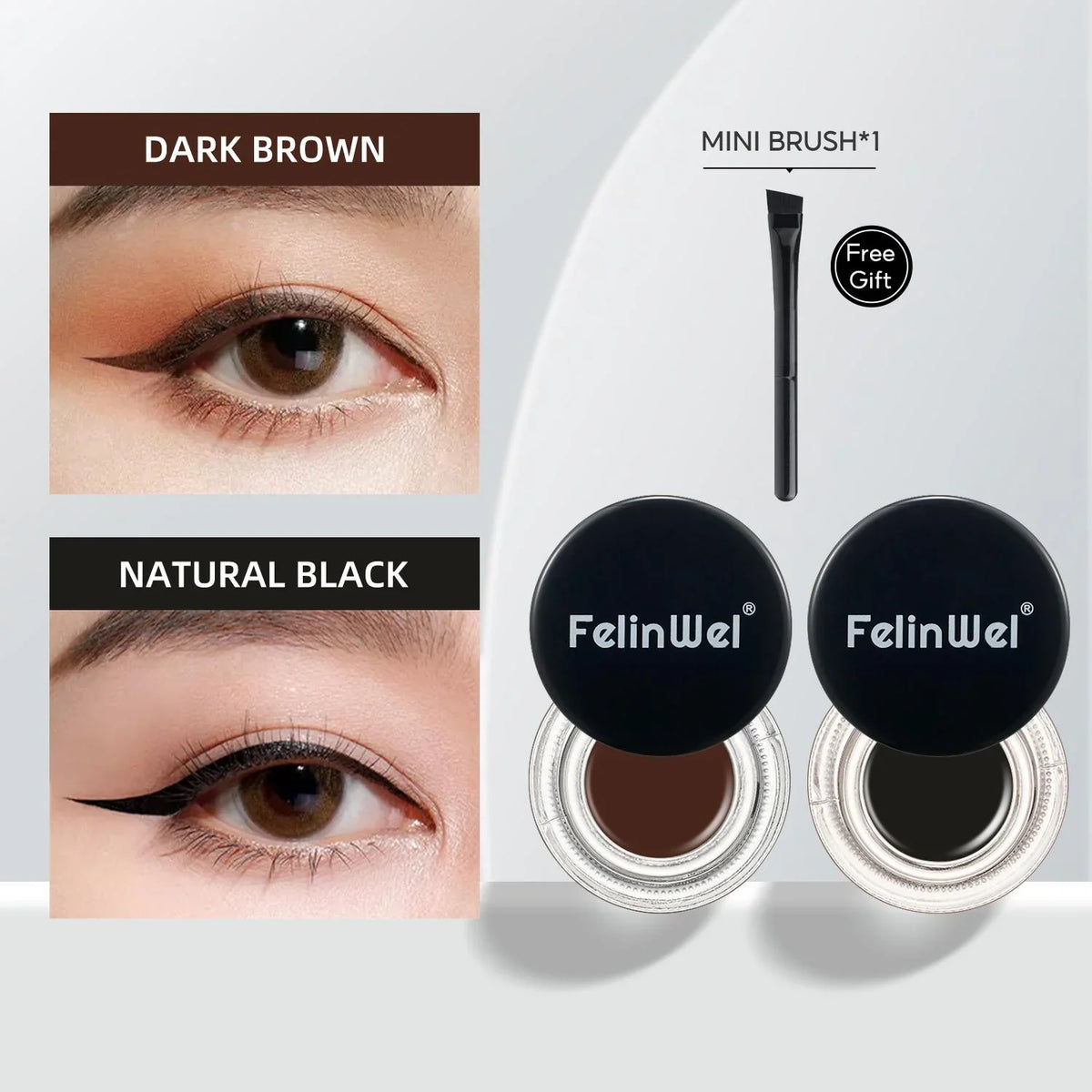 FelinWel Juego de delineador de ojos y cejas en gel de 2 colores con 2 pinceles impermeables a prueba de manchas 