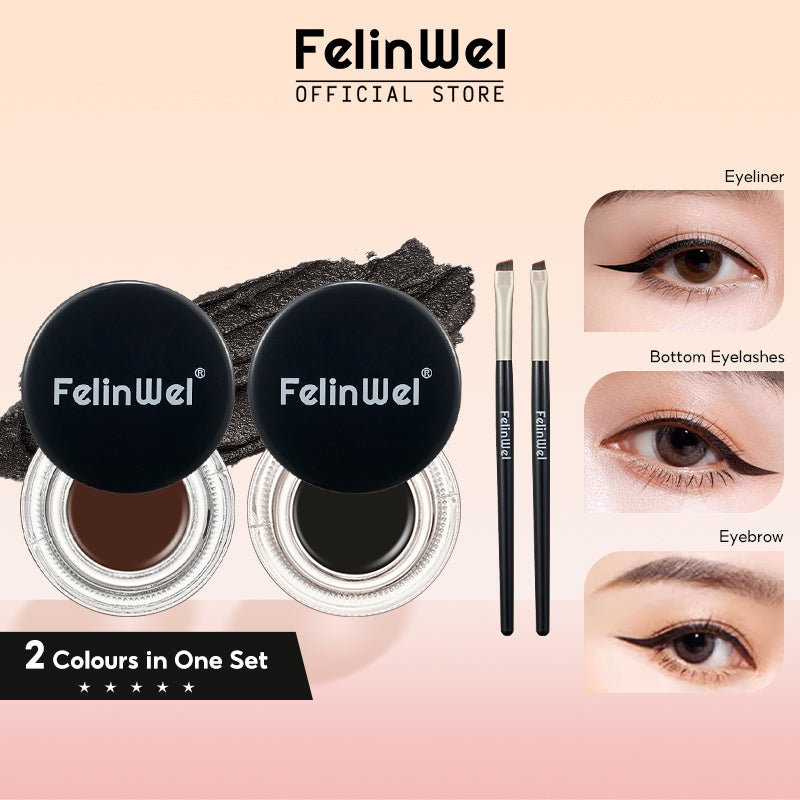 FelinWel Juego de delineador de ojos y cejas en gel de 2 colores con 2 pinceles impermeables a prueba de manchas 