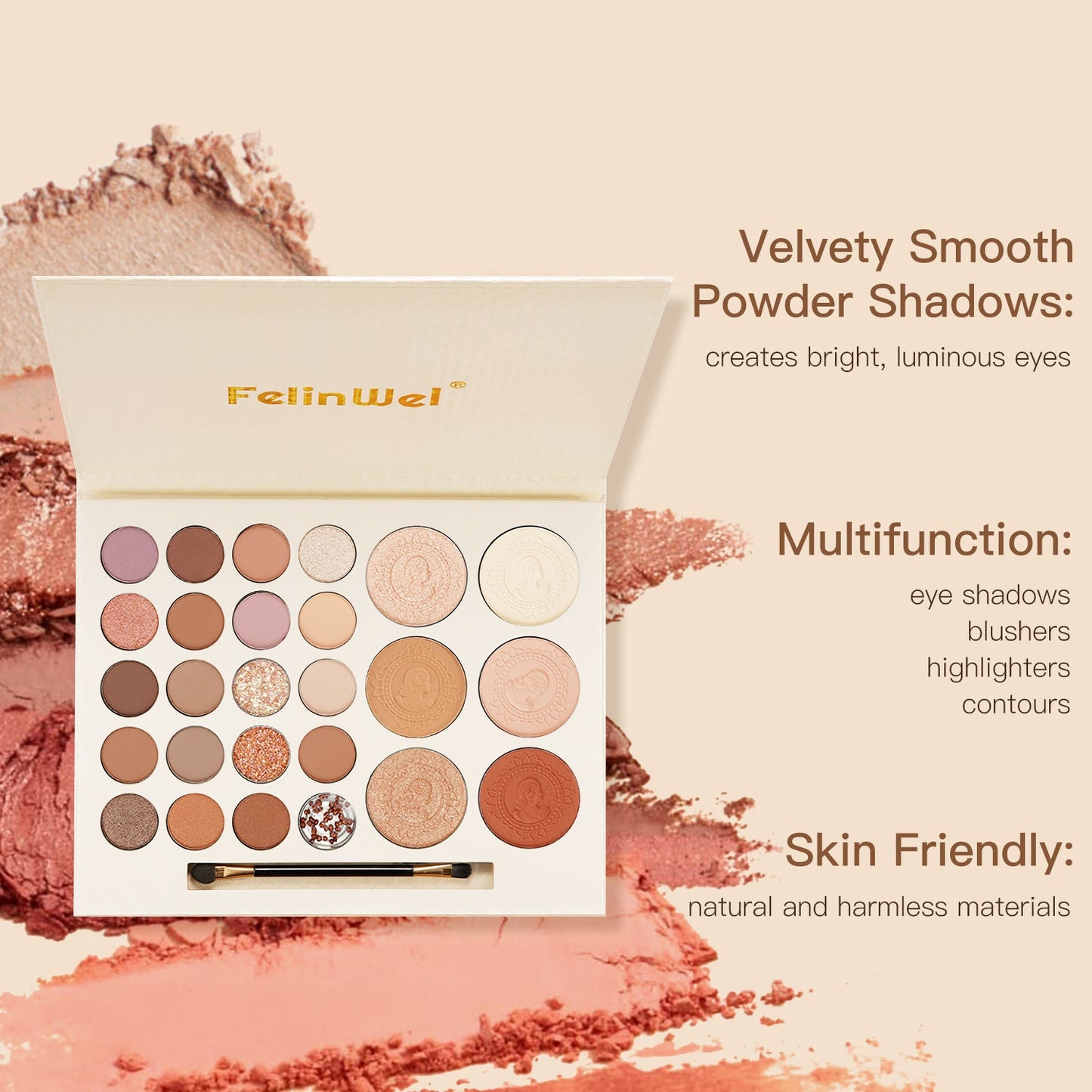 FelinWel Paleta facial de sombra de ojos de 26 colores con resaltador de contorno y brillo colorete 