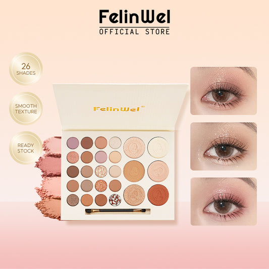 FelinWel Paleta facial de sombra de ojos de 26 colores con resaltador de contorno y brillo colorete 